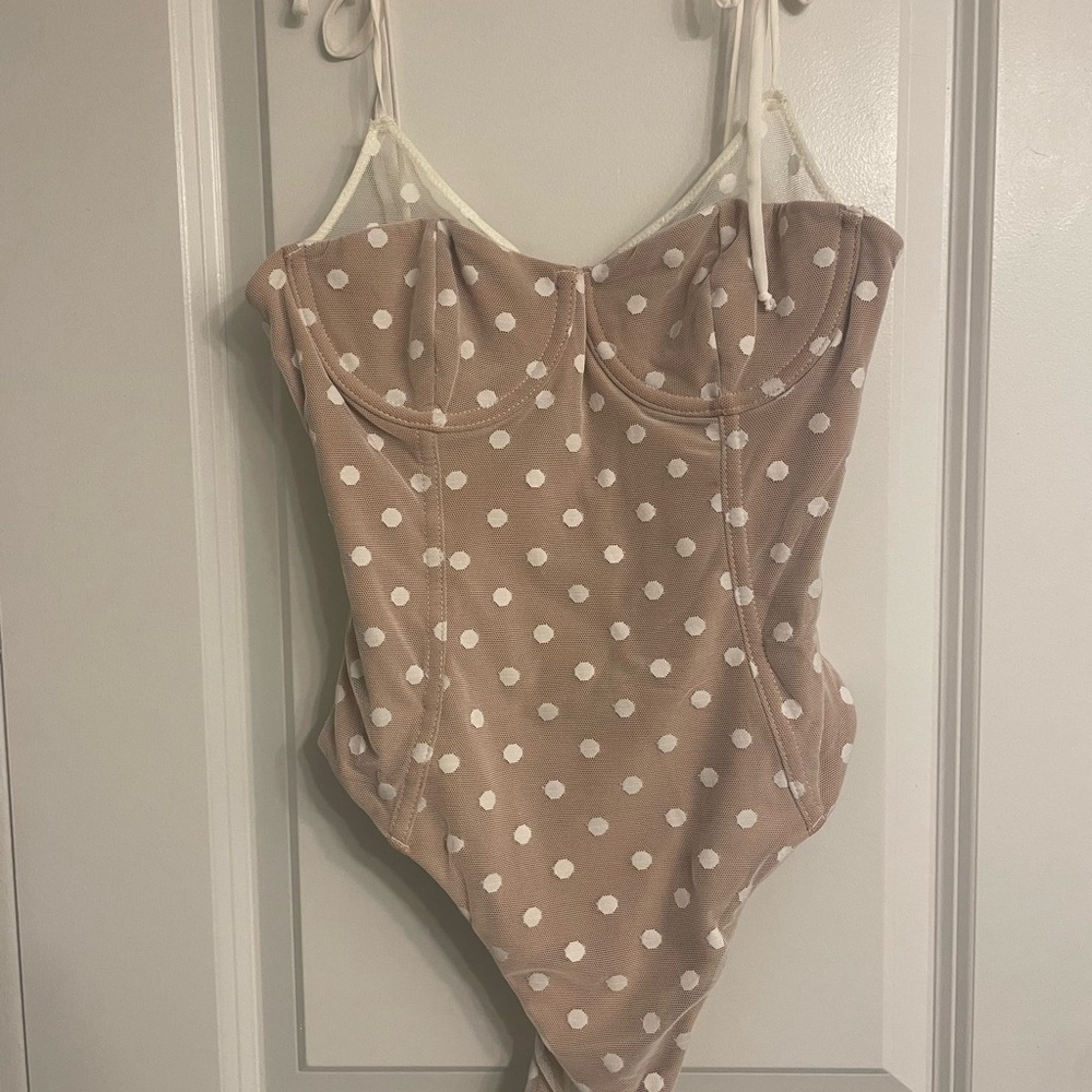 White Fox Boutique Polka Dot Bodysuit - Tan and White